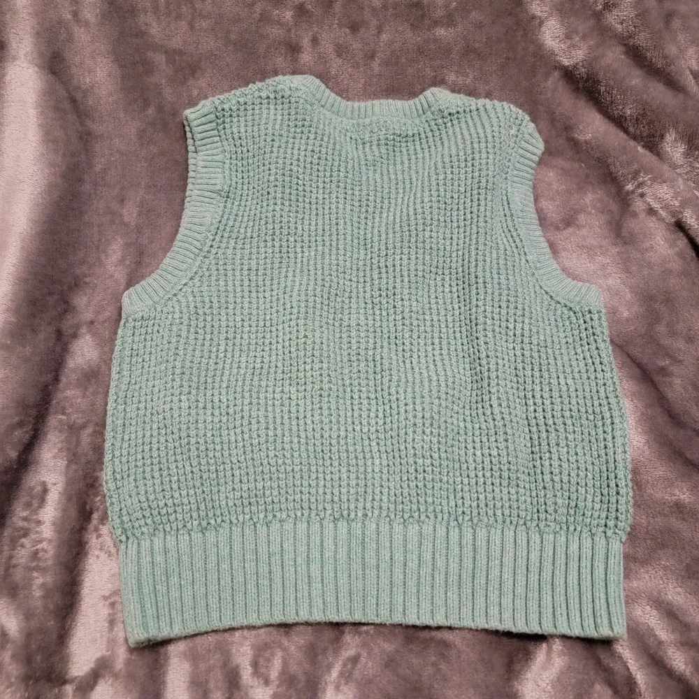 Baby Gap Sweater Vest Toddler 2Y Green Excellent Waffle Knit Bear Logo V-Neck